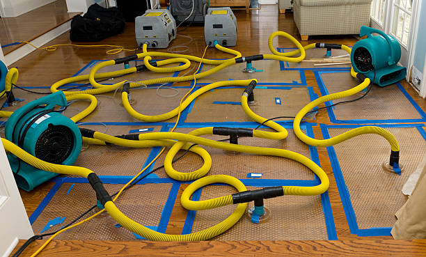 Centrifugal air movers on hardwood flooring in 93619